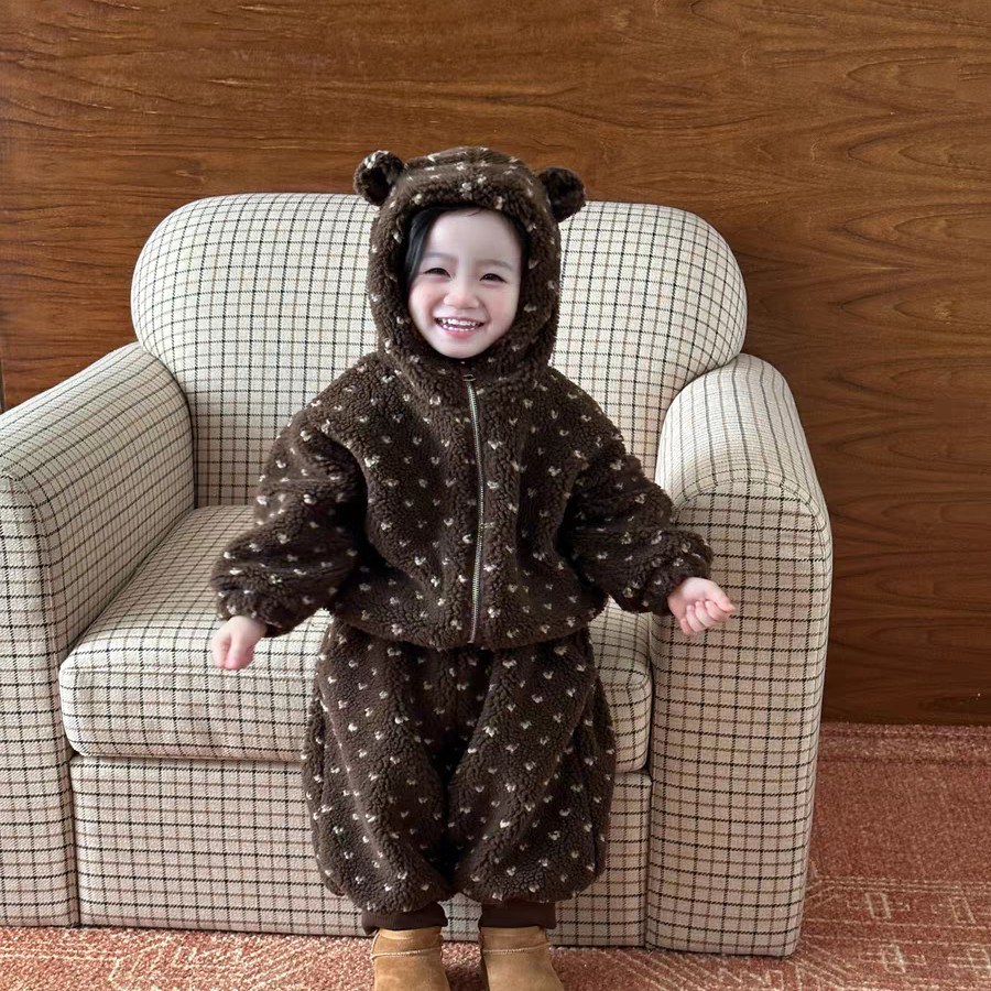 儿童超厚实羊羔毛连帽外套冬装新款宝宝满天星保暖家居服两件001