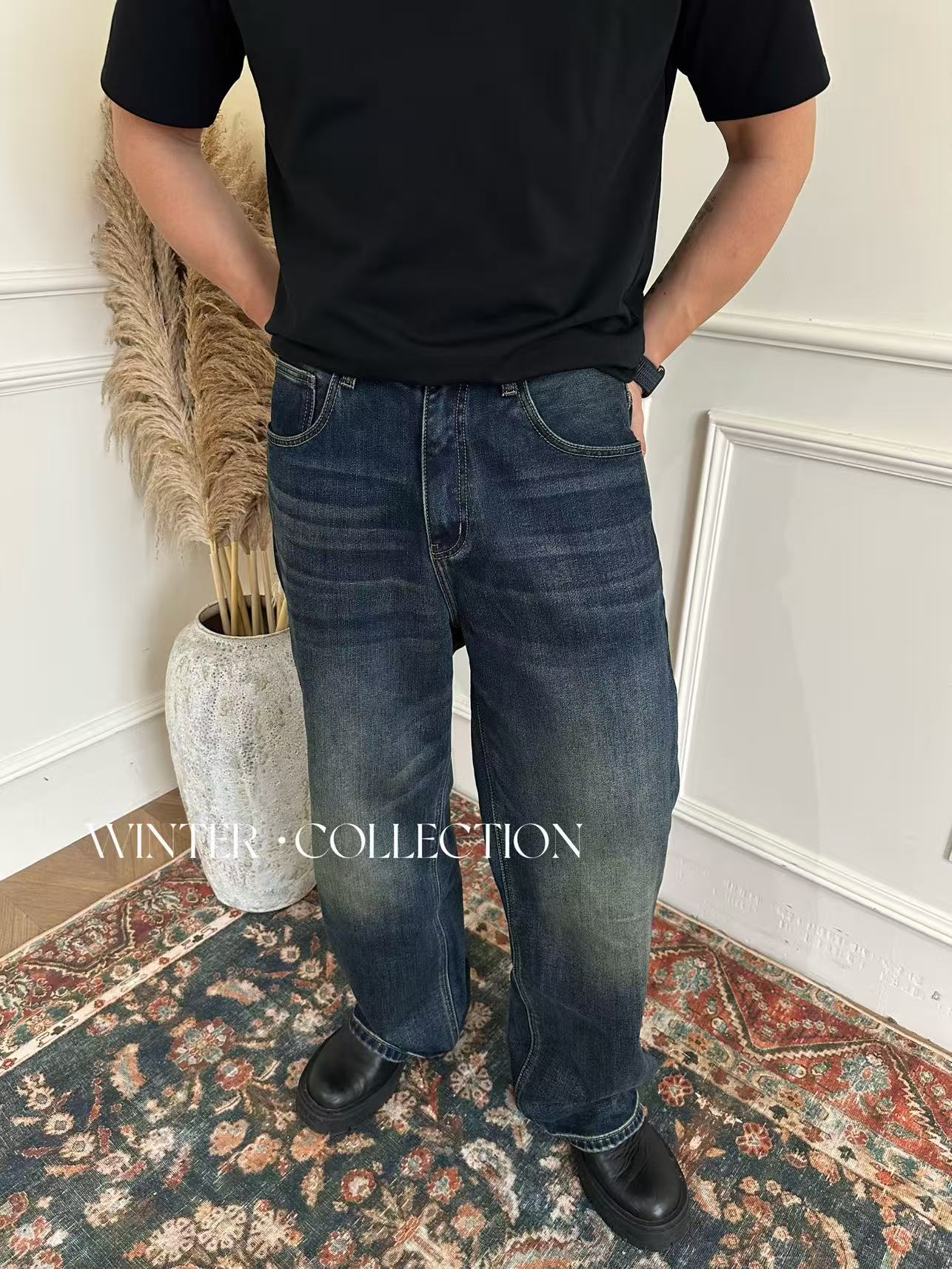 冬季重磅来袭加绒加厚宽松阔腿蓝色水洗牛仔裤拖地裤男