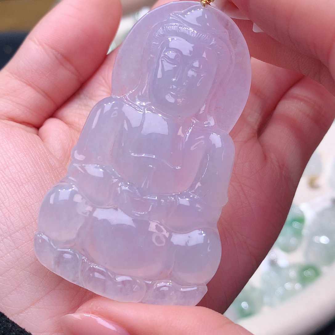 颈饰18K金镶嵌翡翠白冰正装观音