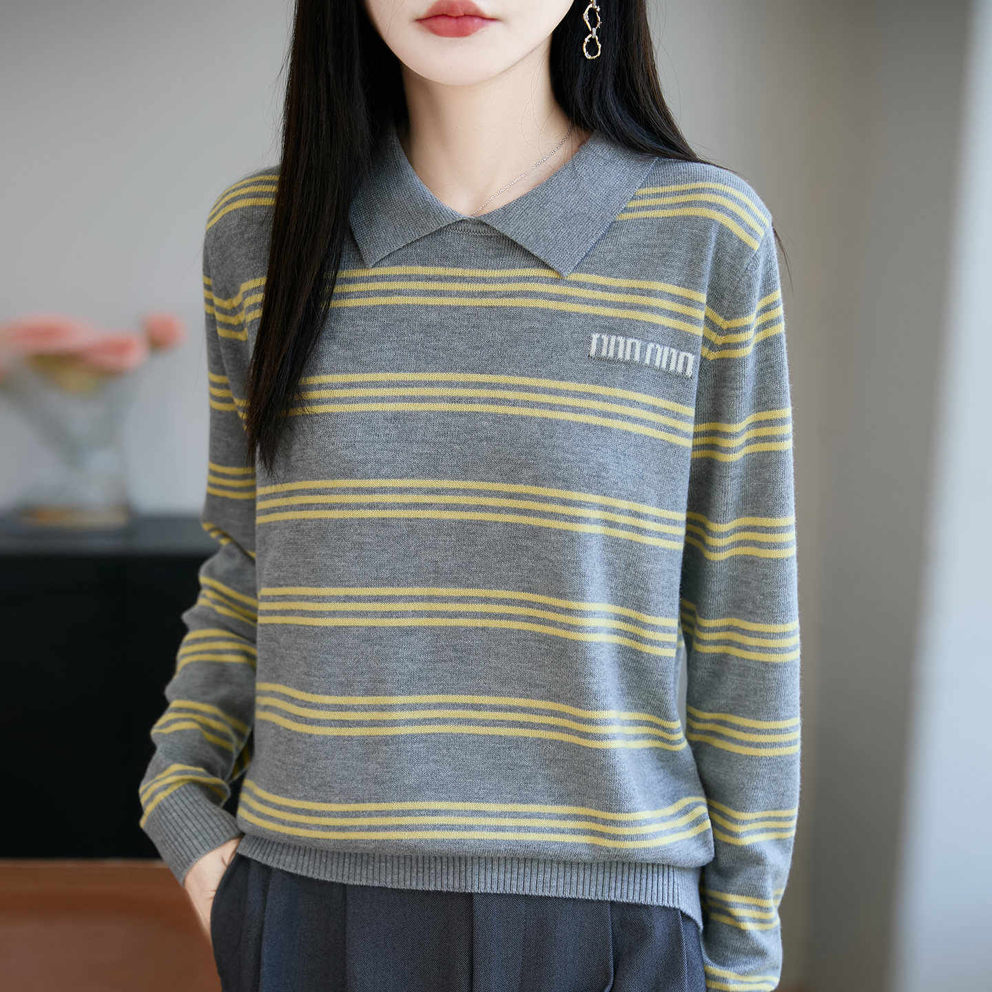【柔软~亲肤】字母条纹精纺羊毛慵懒拼色针织衫百搭长袖套头女内搭