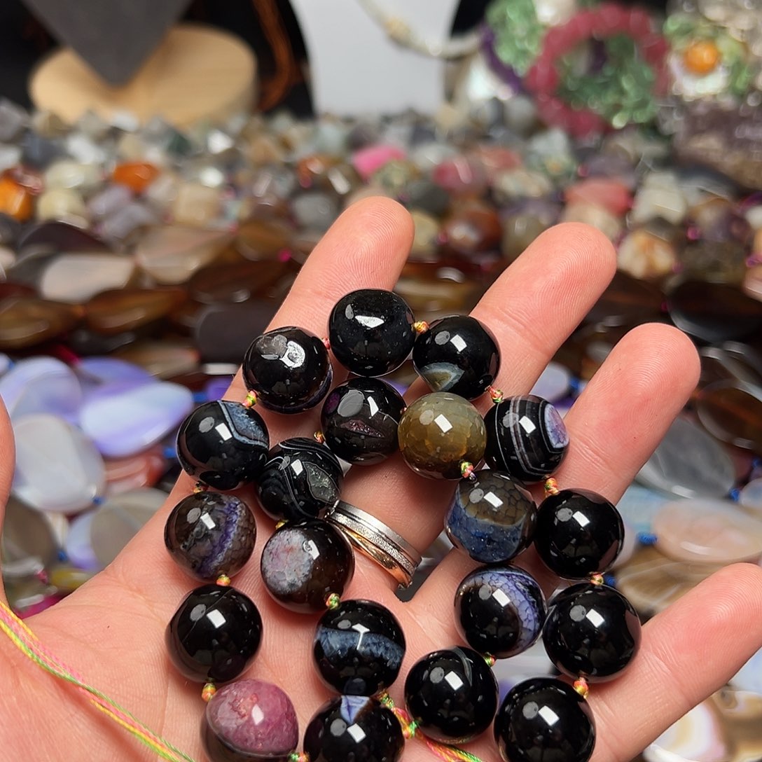 玛瑙/玉髓合金珠宝半成品J777晶体玛瑙圆珠一条15mm