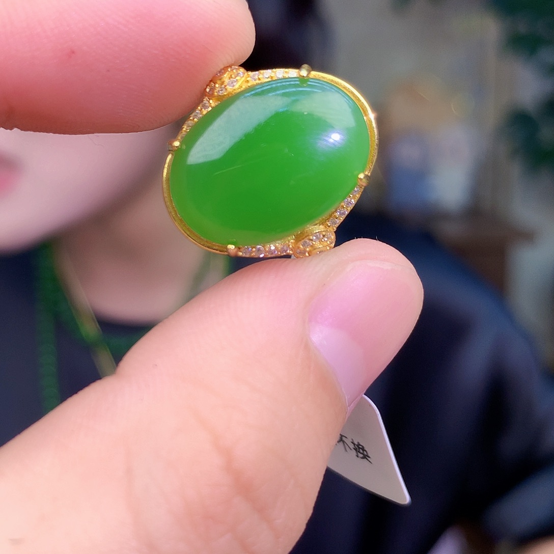 吊坠(不含链)银S925镶嵌和田玉（碧玉）戒指