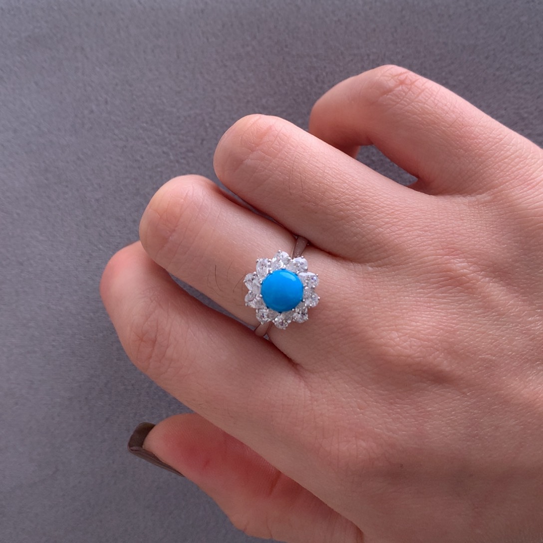 银S925镶嵌绿松石美松太阳花戒指