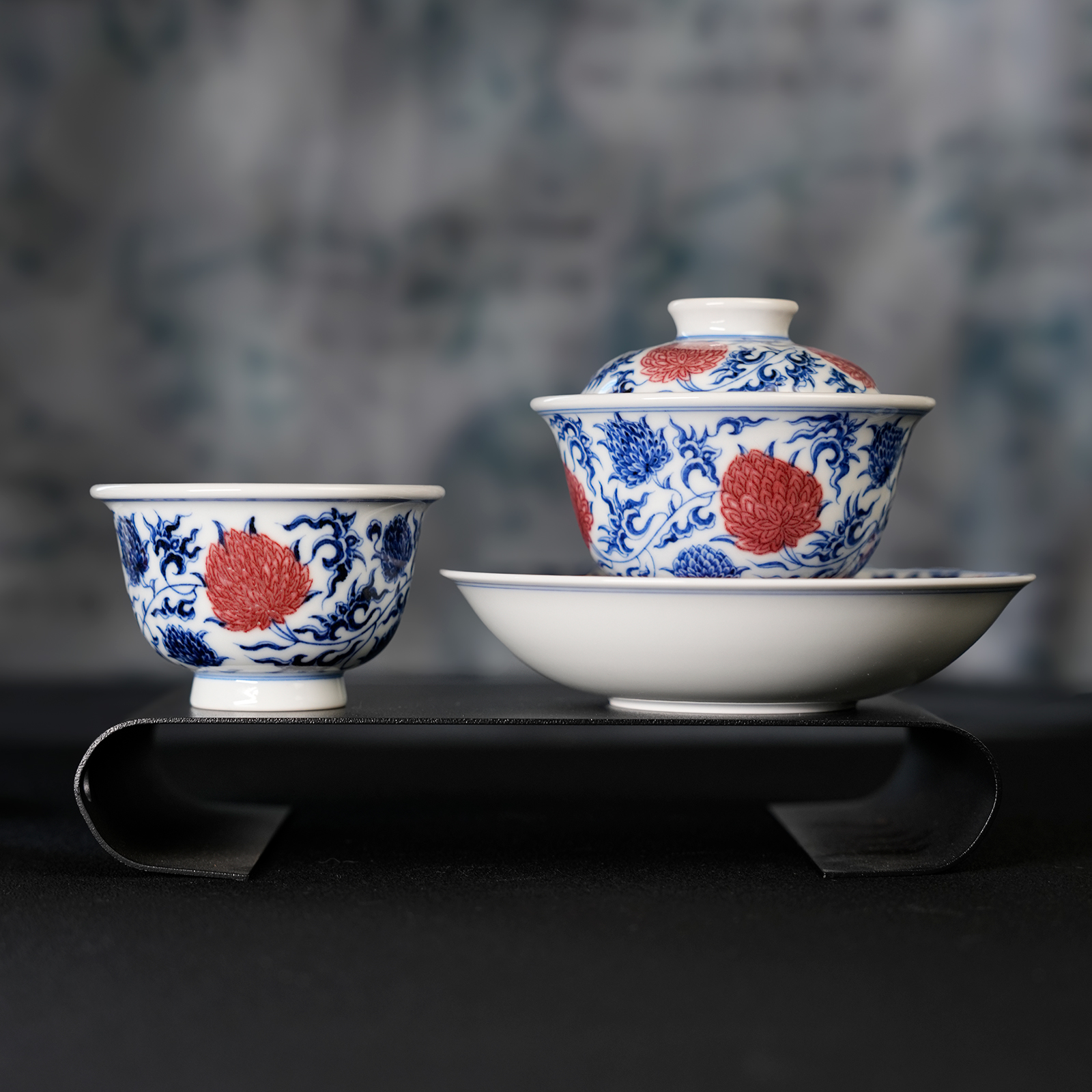 入云庐青花釉里红缠枝团菊盖碗压手杯壶承景德镇手工手绘中式茶具