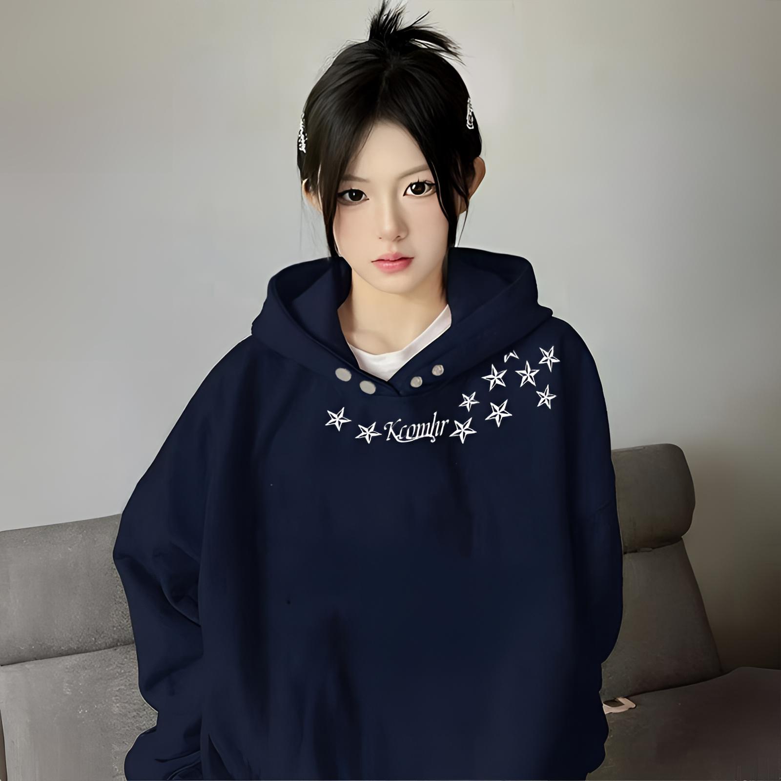 【ZHAP】纽扣连帽卫衣女藏青色特厚韩版百搭多巴胺宽松百搭上衣潮