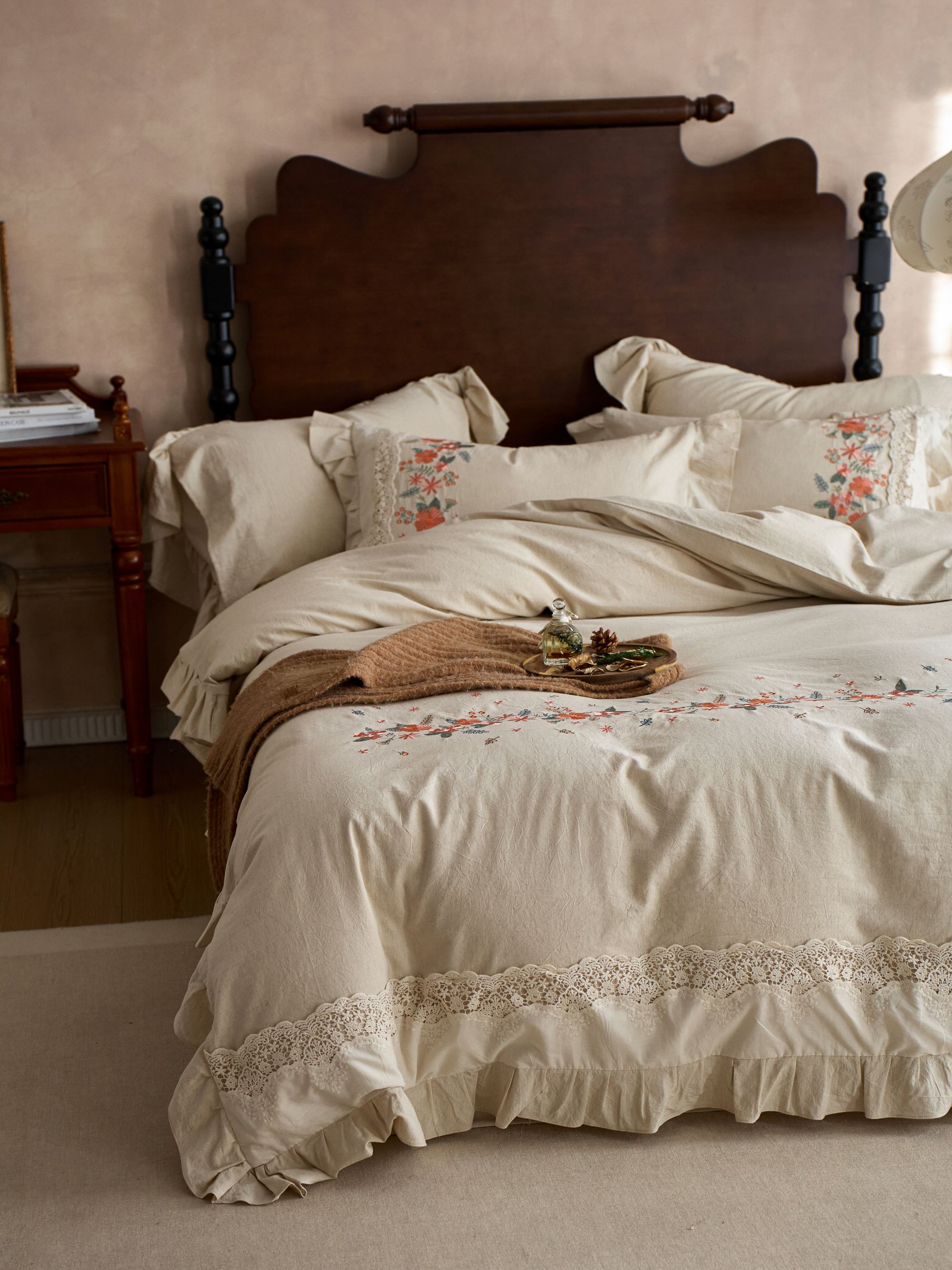 【初棠】秋季上新四件套法式浪漫少女棉麻刺绣蕾丝田园公主风新款