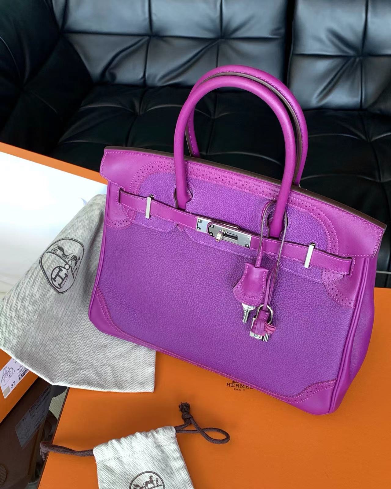 95新 Hermes/爱马仕 蕾丝边海葵紫银扣birkin包 30cm 16004656  