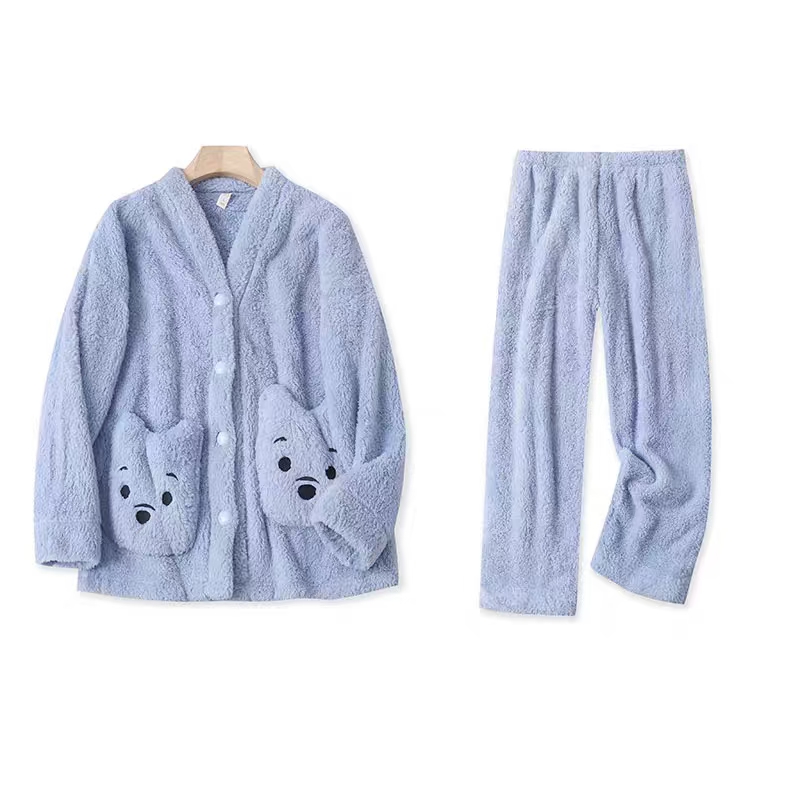 睡衣女冬季珊瑚绒可外穿加厚新款法兰绒光板口袋小熊家居服套装女