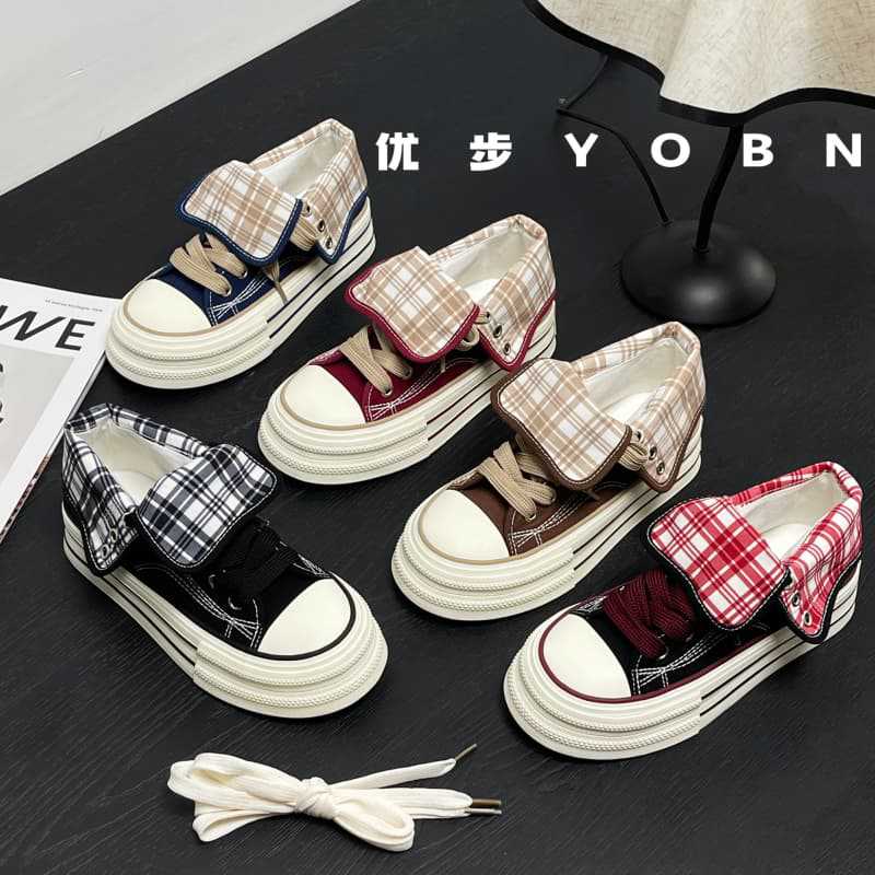 【可翻帮面】两穿高帮增高帆布鞋女鞋2025秋季厚底学生格子休闲板鞋