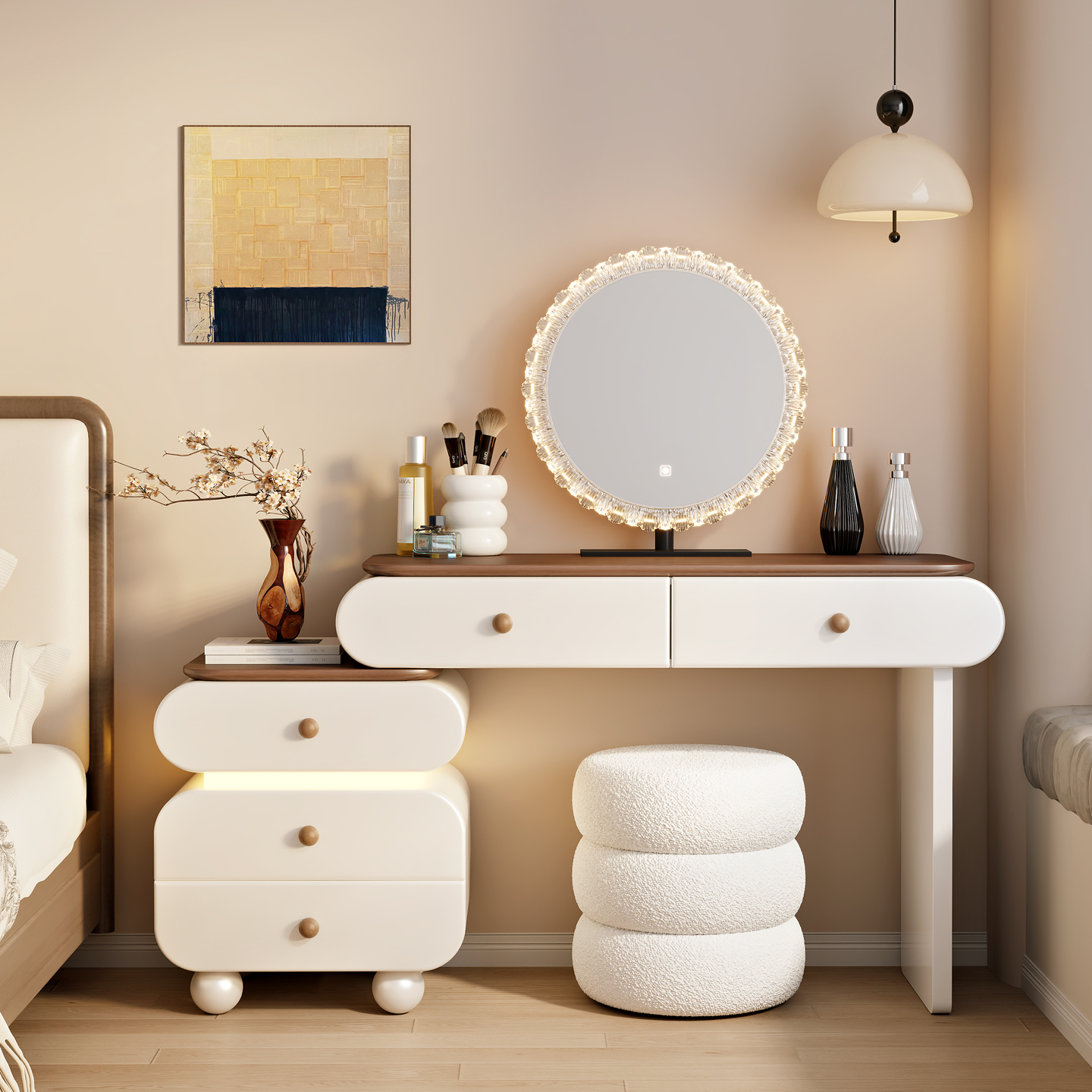 实木烤漆梳妆台奶油风斗柜卧室简约现代2025新款化妆台一体化妆桌