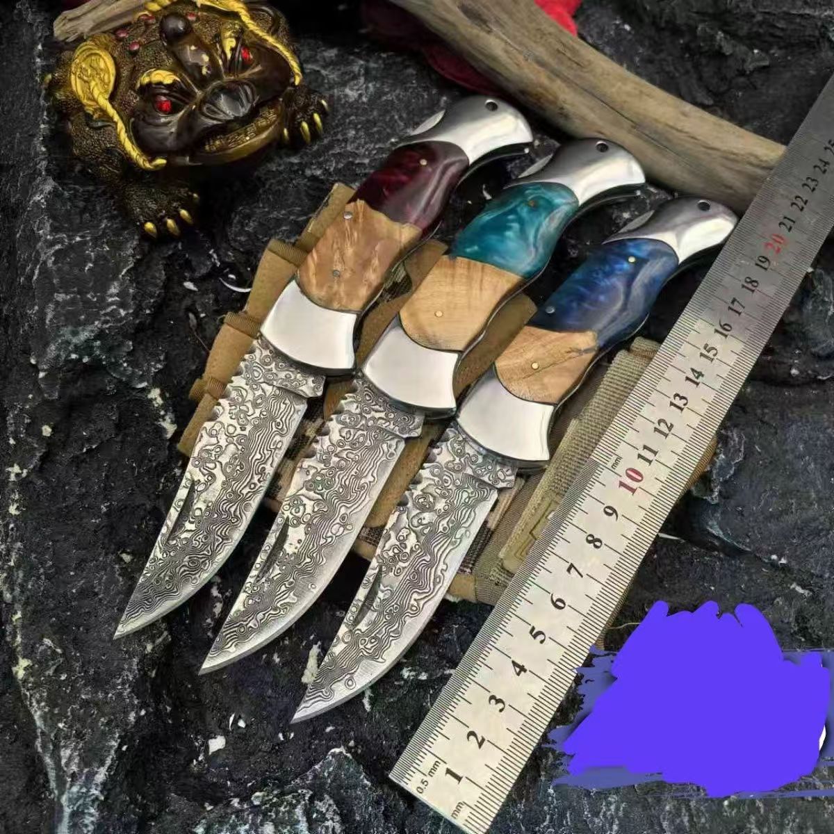 大马士革折叠刀纯手工打造户外露营多功能钥匙扣多功能刀迷你小刀