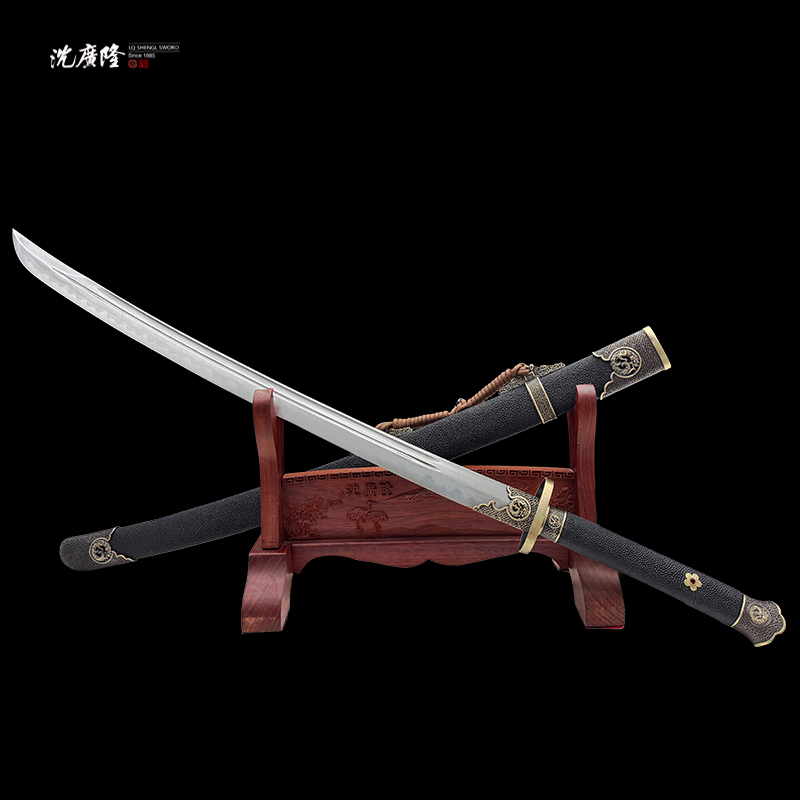 龙泉沈广隆-龙纹步战刀 乌兹钢 黄铜 鱼皮 花纹钢 宝剑 未开刃
