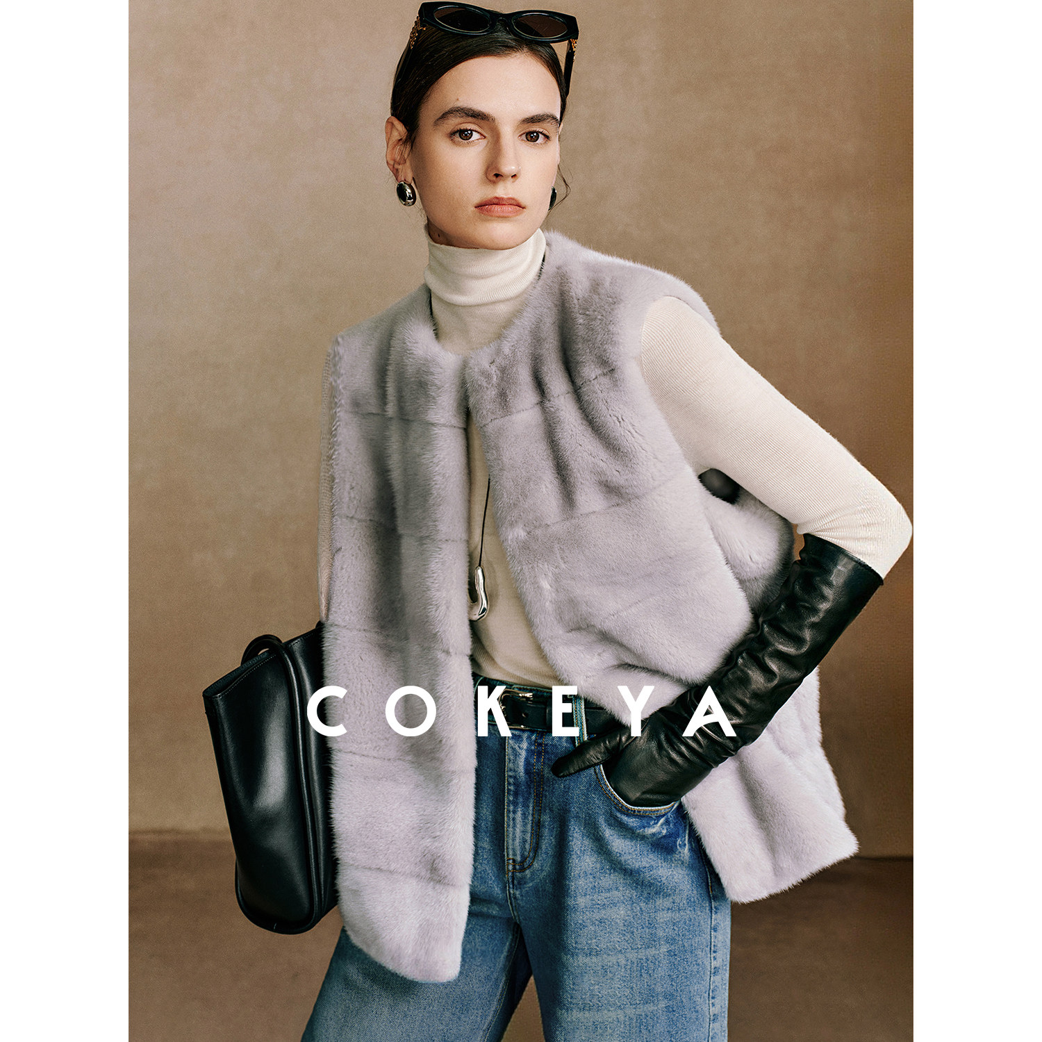 COKEYA/冰岛奇遇~琎口稀有石水貂皮中长款皮毛一体马甲女冬