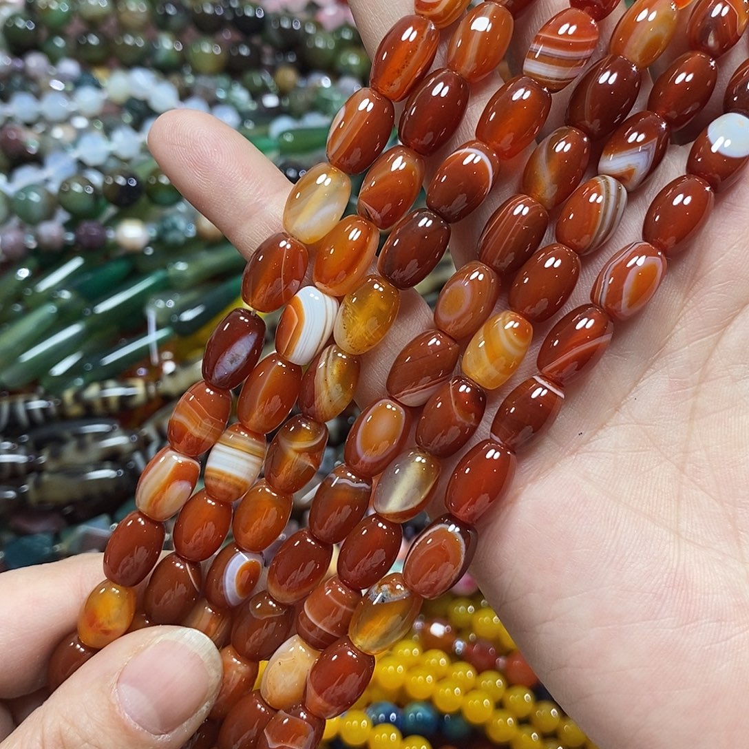 玛瑙/玉髓未镶嵌珠宝半成品玛瑙米珠一条卡8*12mm