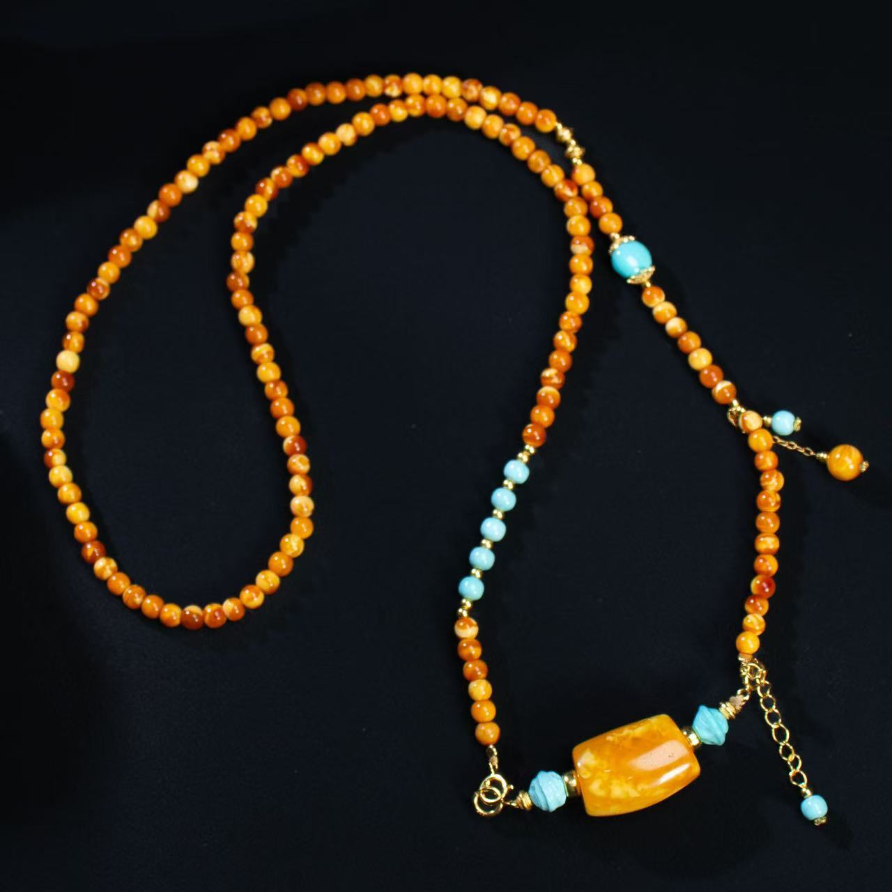 【壹芳珠宝】天然原矿琥珀蜜蜡亮皮花蜡4mm小米珠马蹄锁骨链S925银