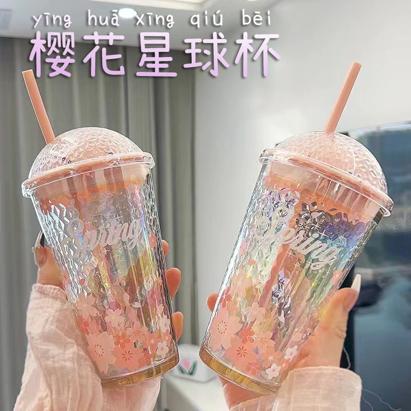 批发网红创意樱花星球杯玻璃吸管杯简约时尚便携杯子咖啡杯冷饮杯