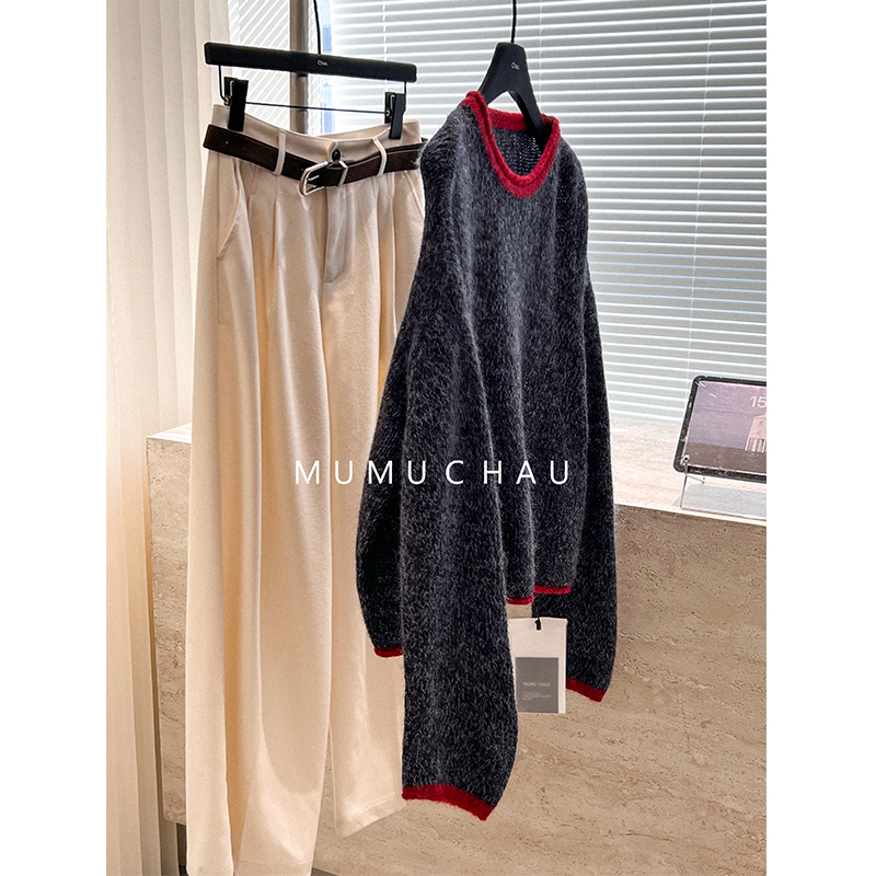 「MUMU CHAU」【温存织物】地绵女冬季保暖长袖撞色圆领毛衣LQ58313