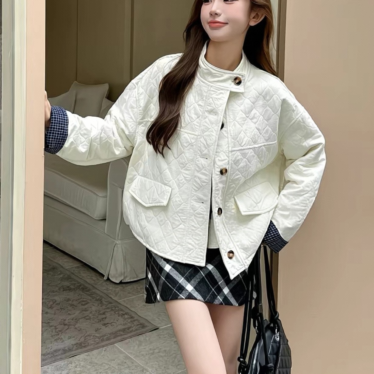 新款大码A306时尚外套宽松立领格子夹克棉服秋冬款