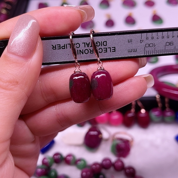 红宝石红绿桶珠耳坠银S925镶嵌