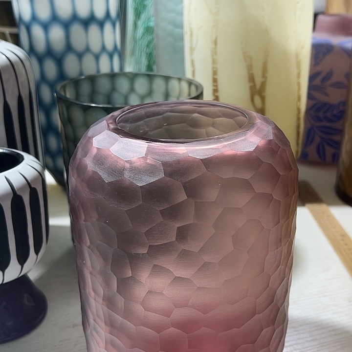 手工艺品琉璃粉色磨刻花瓶花器高22口9