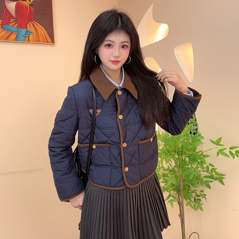 露思同款撞色菱格夹棉外套女冬复古时尚学院风保暖棉衣