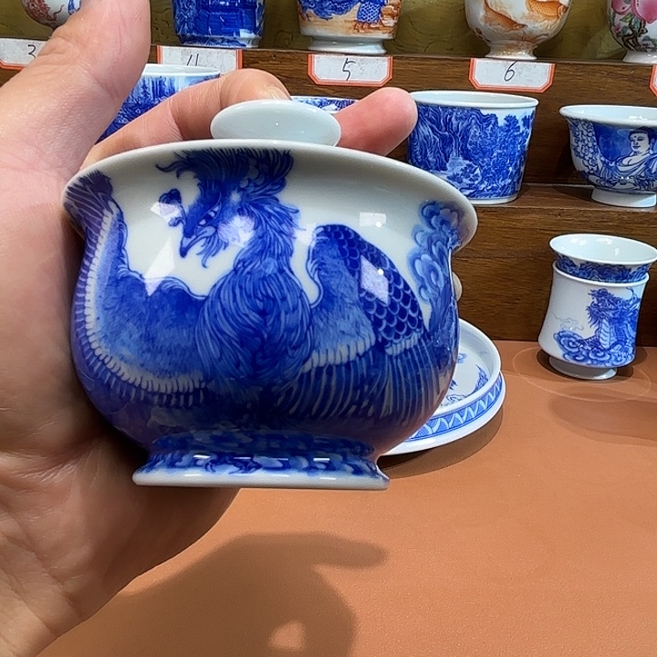 青花手工手绘凤盖碗