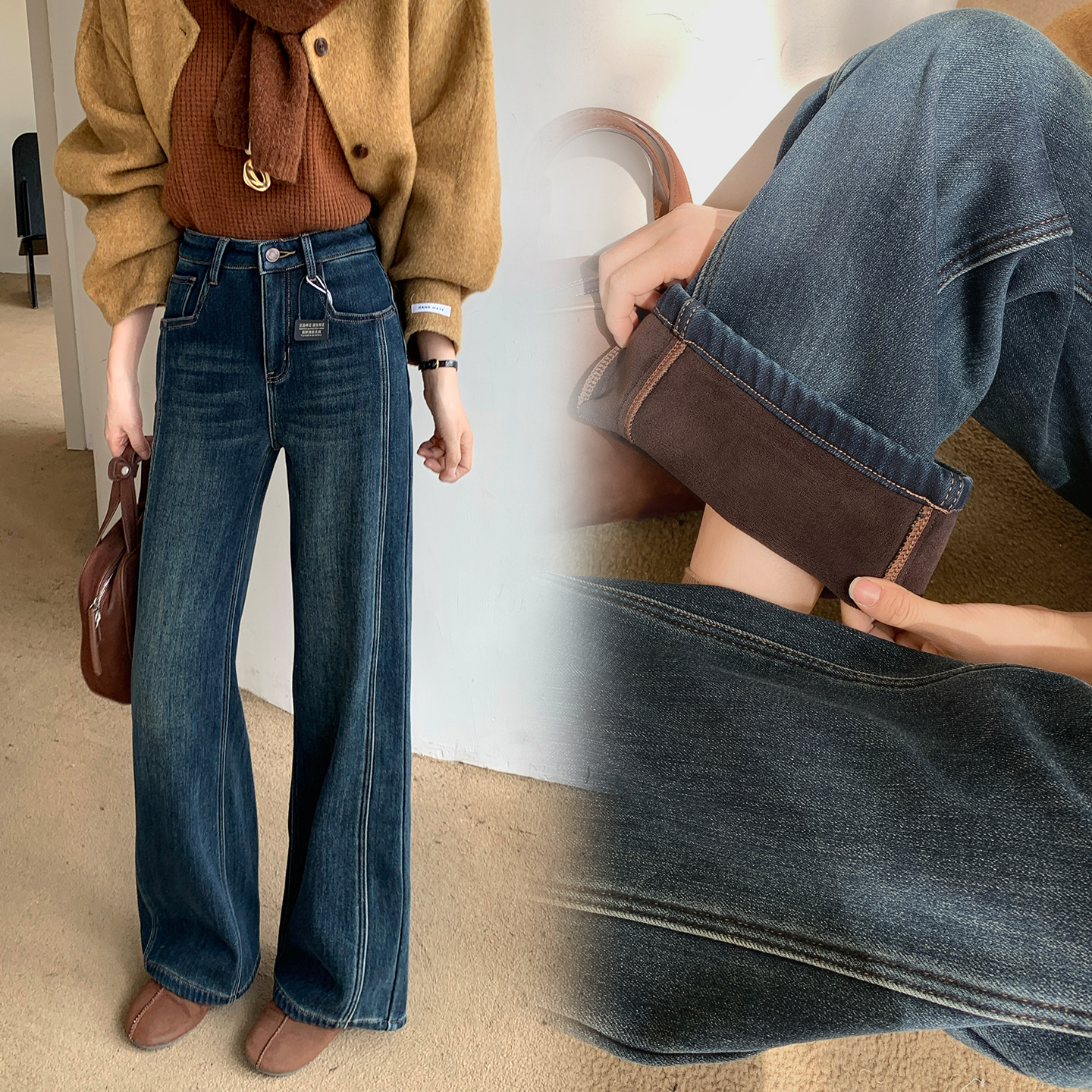 加绒牛仔裤女窄版阔腿2025冬季新款复古显瘦保暖加厚直筒裤