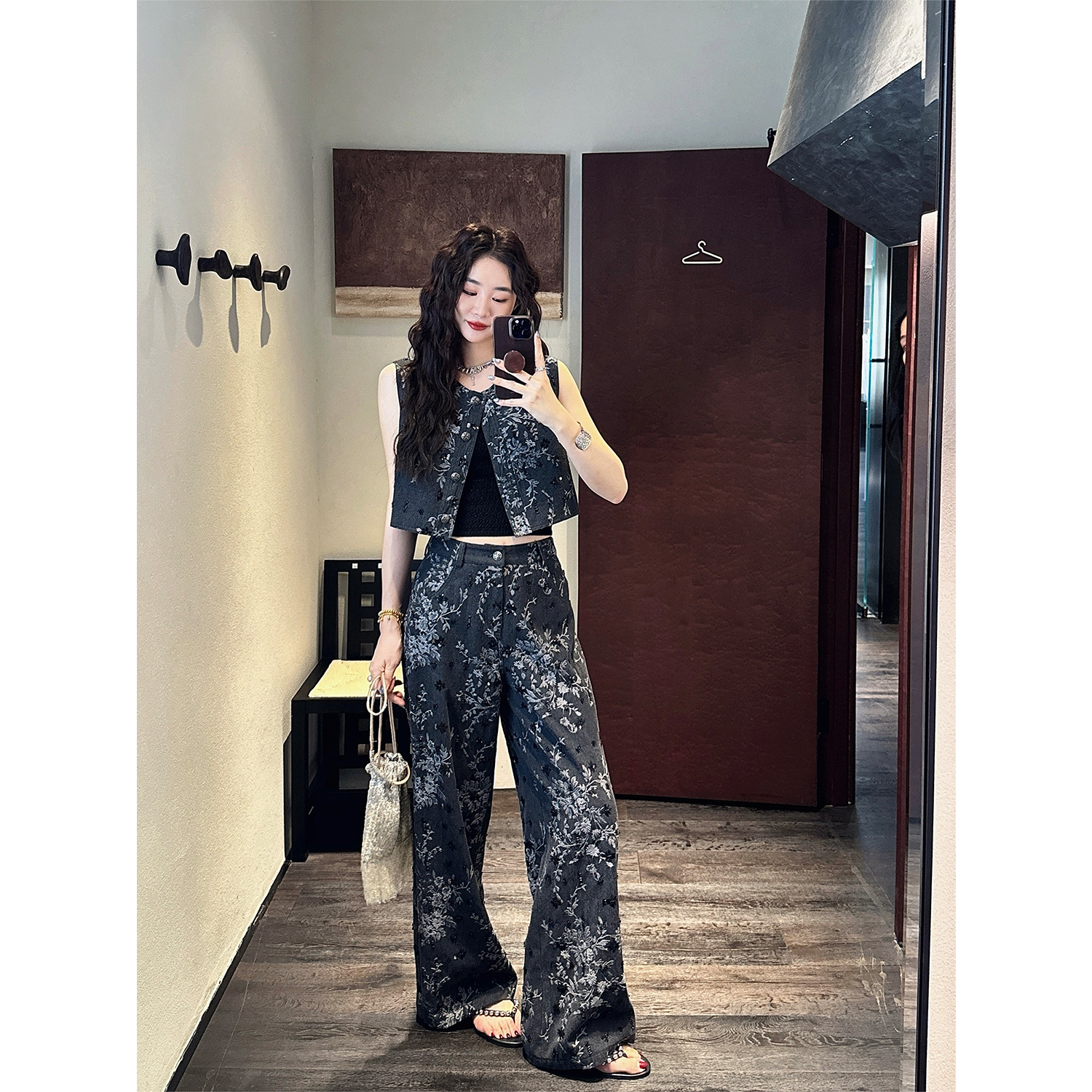 三吉黑花【加州梦】新中式国风巨好看的夏天套装女刺绣牛仔阔腿裤