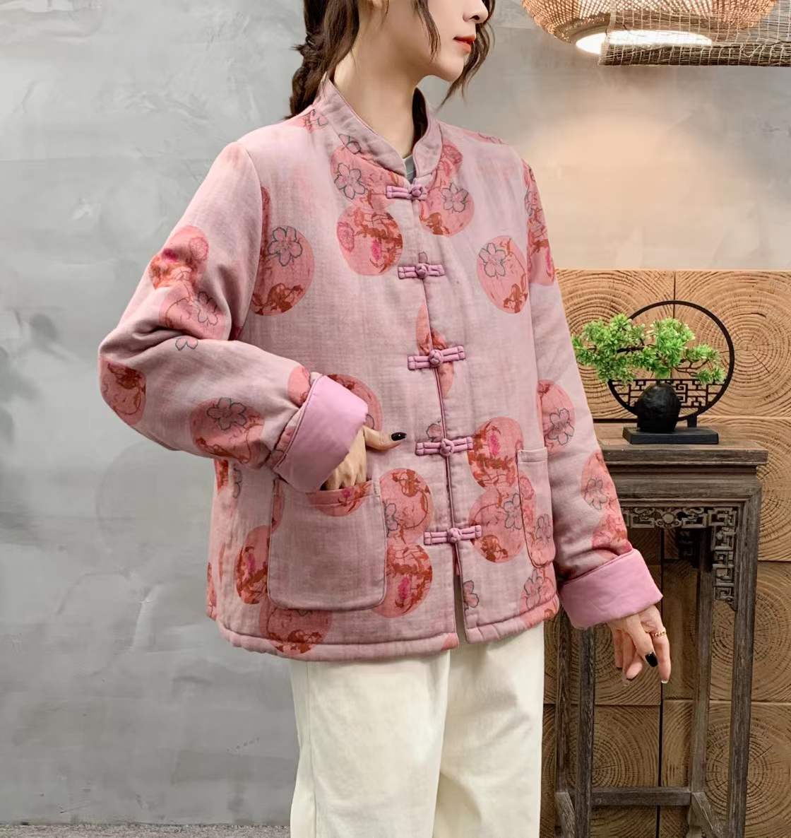 晓妍》复古印花盘扣夹棉粉色棉袄外套冬季保暖新中式厚外套棉服女