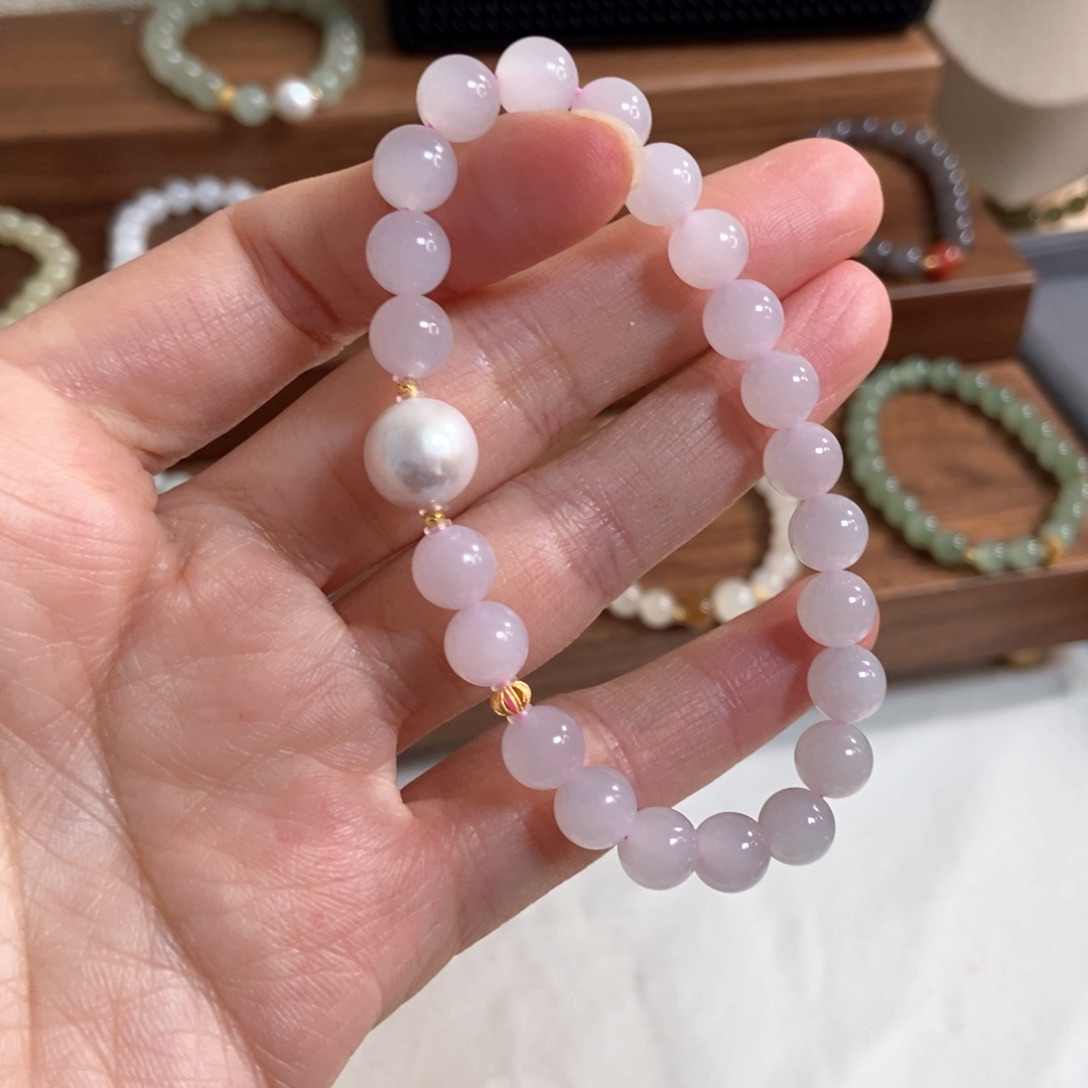 和田玉手链18K金镶嵌8mm冰底紫粉微猫