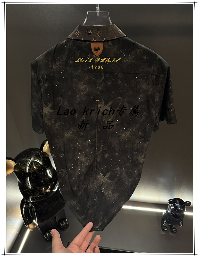 Lao Krich 夏季新款轻奢墨染休闲夏季短袖落肩袖男士春夏衬衫
