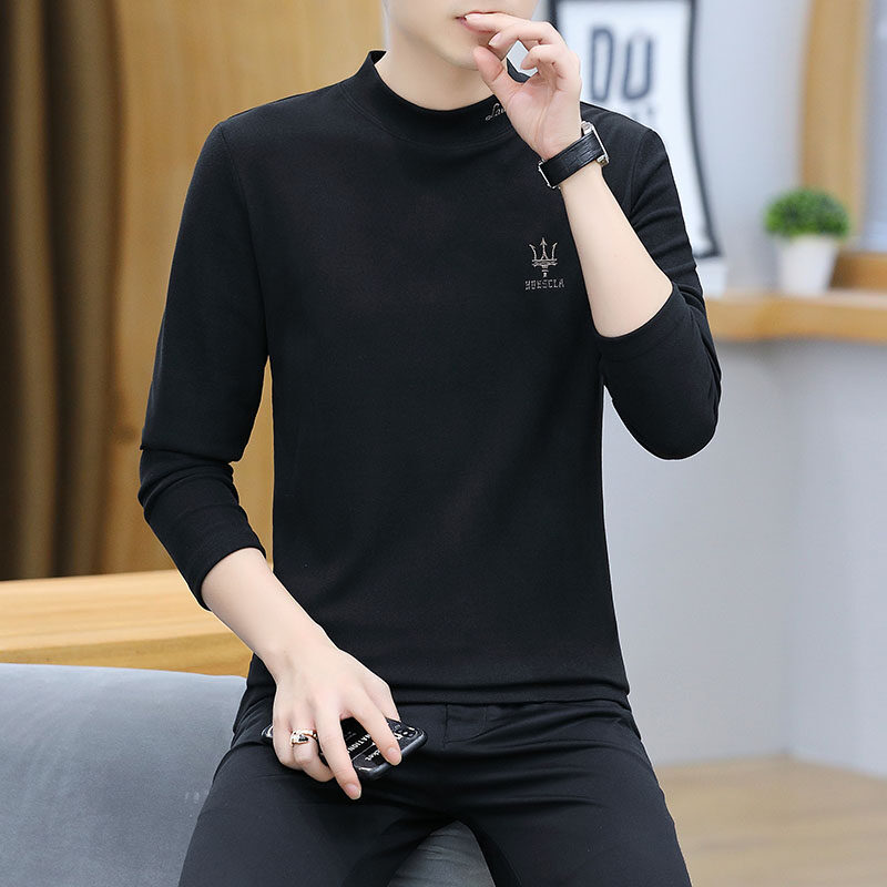 德绒半高领男士打底衫秋冬季长袖t恤加绒保暖内搭男款上衣服