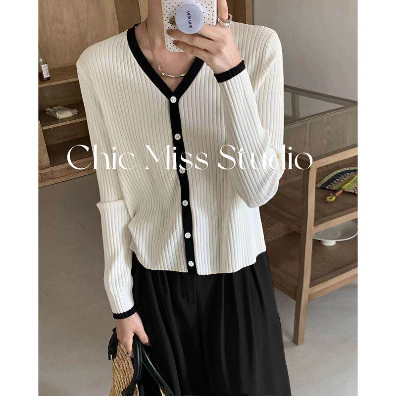 【米白色】3709开衫外套超柔软高品质V领撞色针织毛衣