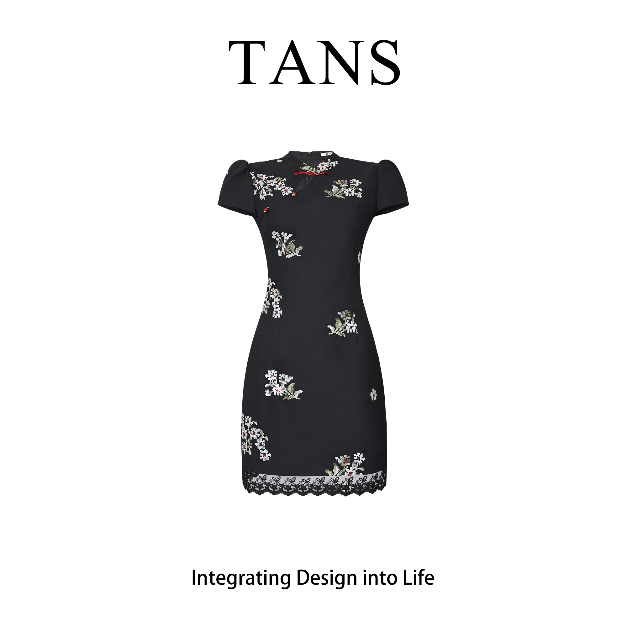 现货 TANS【石竹花】新中式国风气质蕾丝拼接设计感改良旗袍女