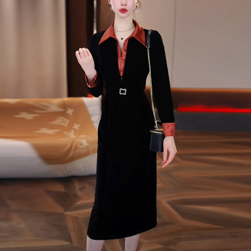 卡丹绒轻奢黑色显瘦打底裙2025春季新款时尚名媛长袖收腰连衣裙子
