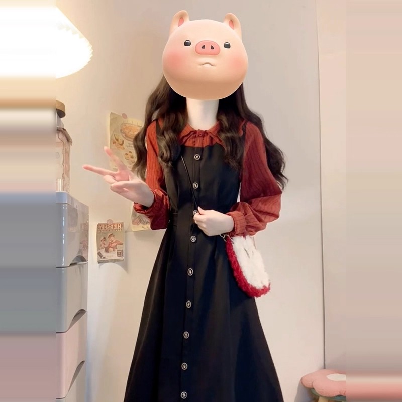 【全额运补】Umi/娃娃领红色假两件连衣裙女秋季高级感收腰显瘦长裙