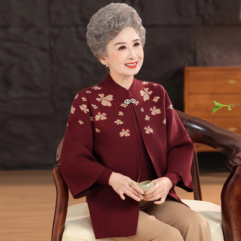 中老年女装秋冬厚款毛衣两件套妈妈针织外套红色喜庆喜婆婆上衣洋