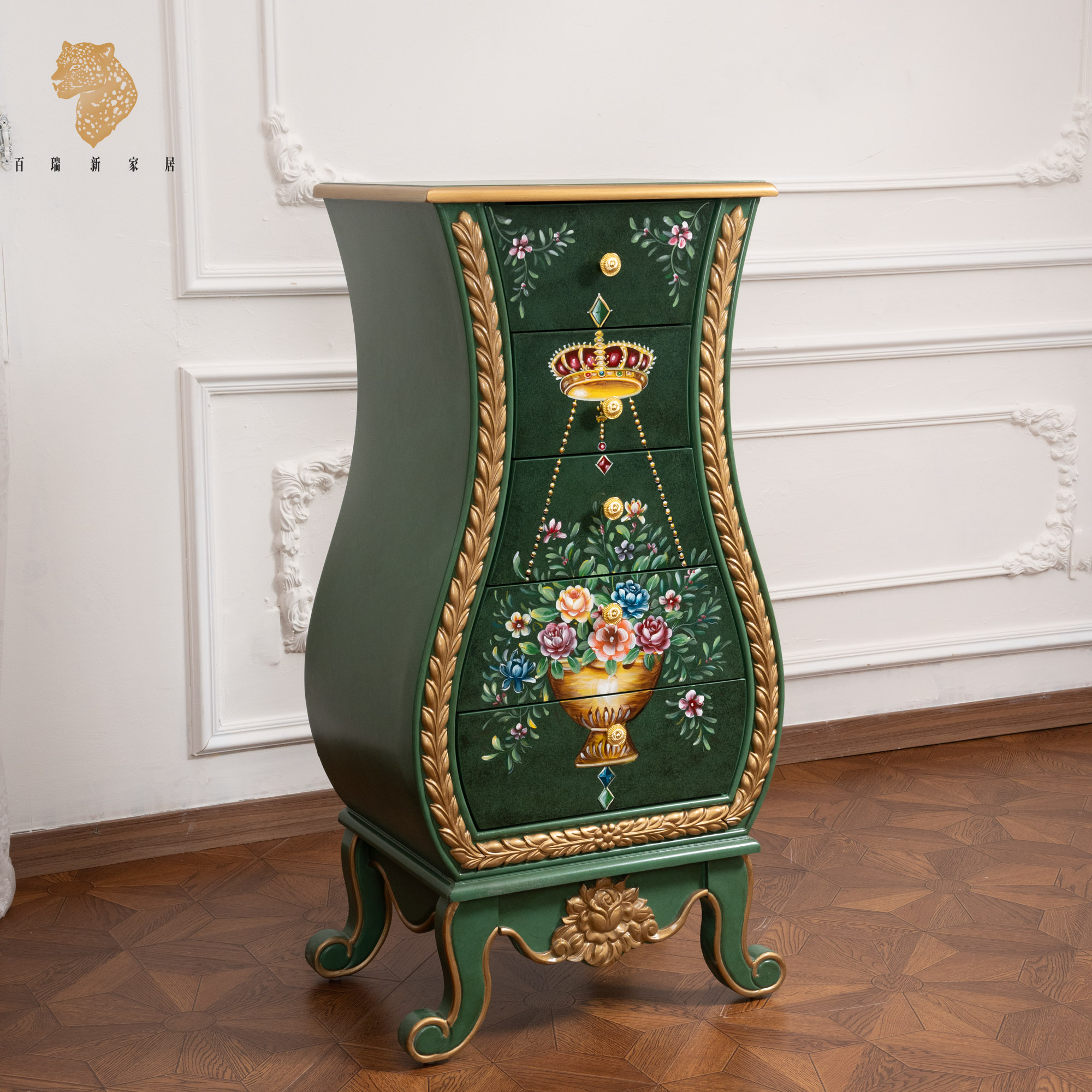 百瑞新欧式实木彩绘五斗柜家用带抽屉储物柜-ZG-BRX1803五斗柜