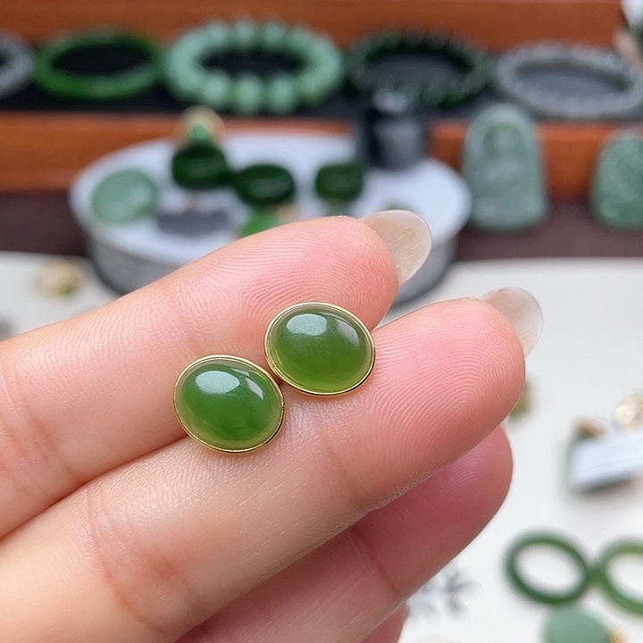 和田玉（碧玉）耳饰银S925镶嵌