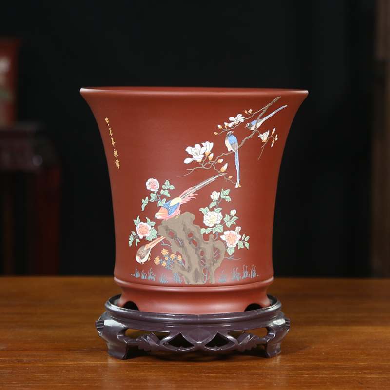 宜兴紫砂花盆陶瓷精品中国风大红袍泥绘兰花盆透气室内高档圆形盆