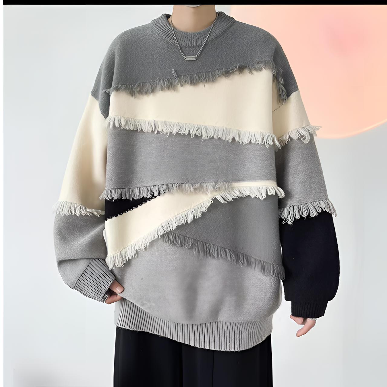 潮流男拼色圆领秋冬宽松针织男士休闲拼接毛衣