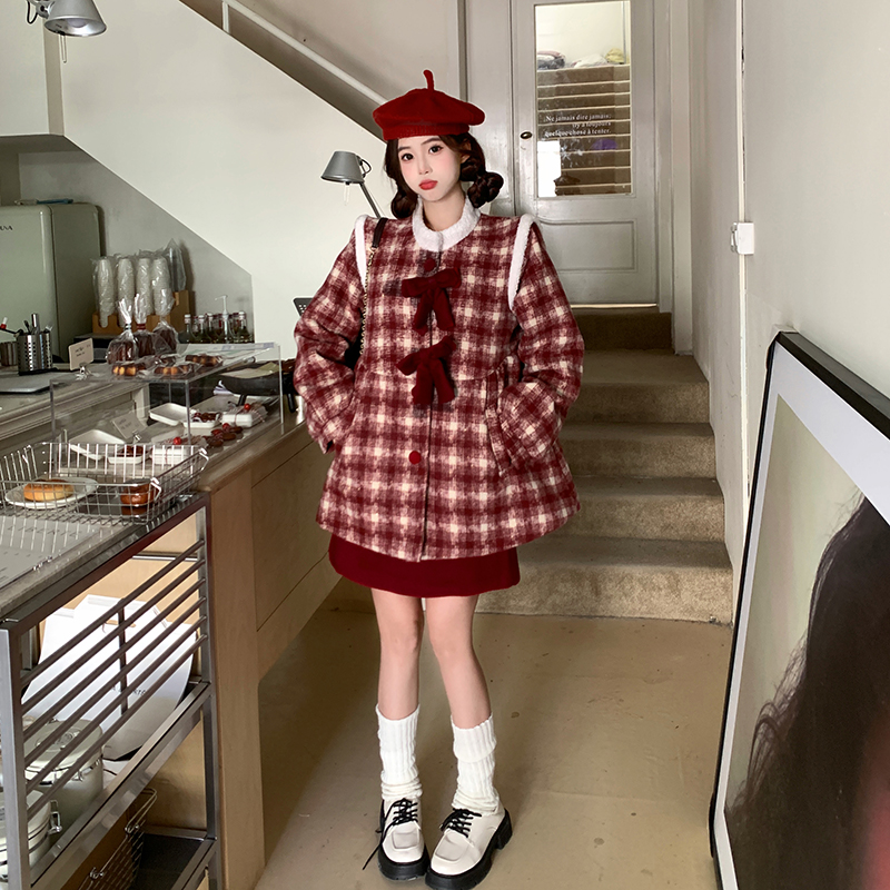 3742（单外套）大码女装胖mm红色氛围感复古夹棉格纹甜美单外套5391