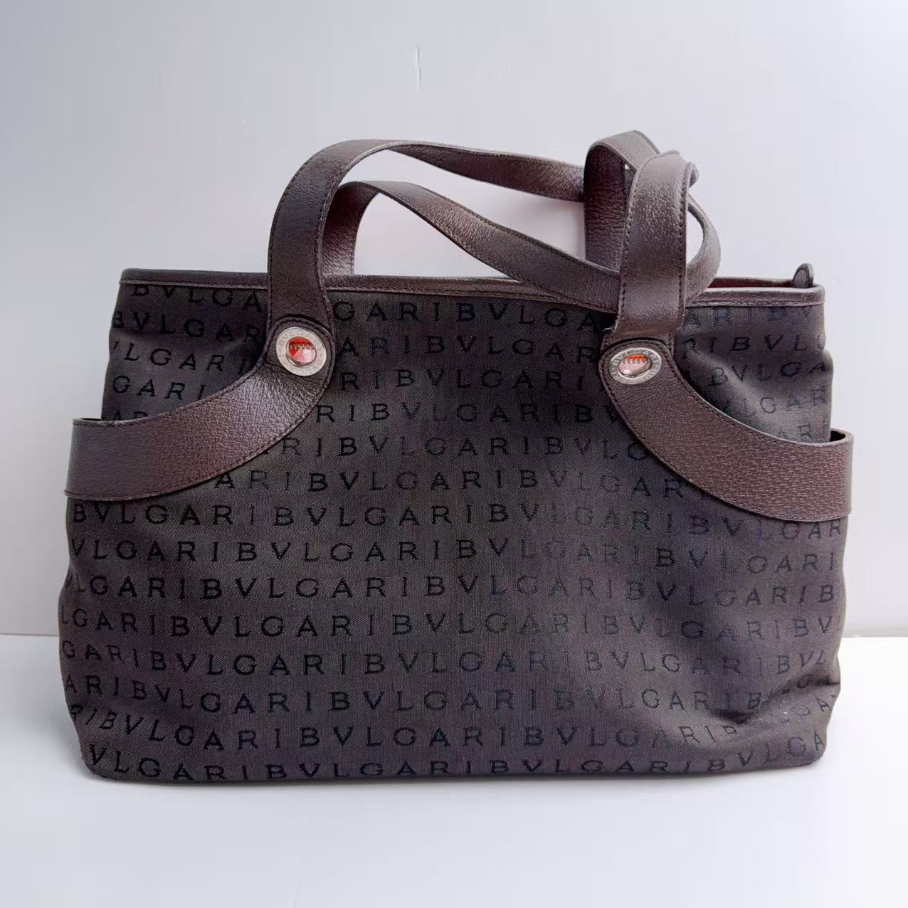 95新 BVLGARI/宝格丽 宝格丽深咖色帆布手提包