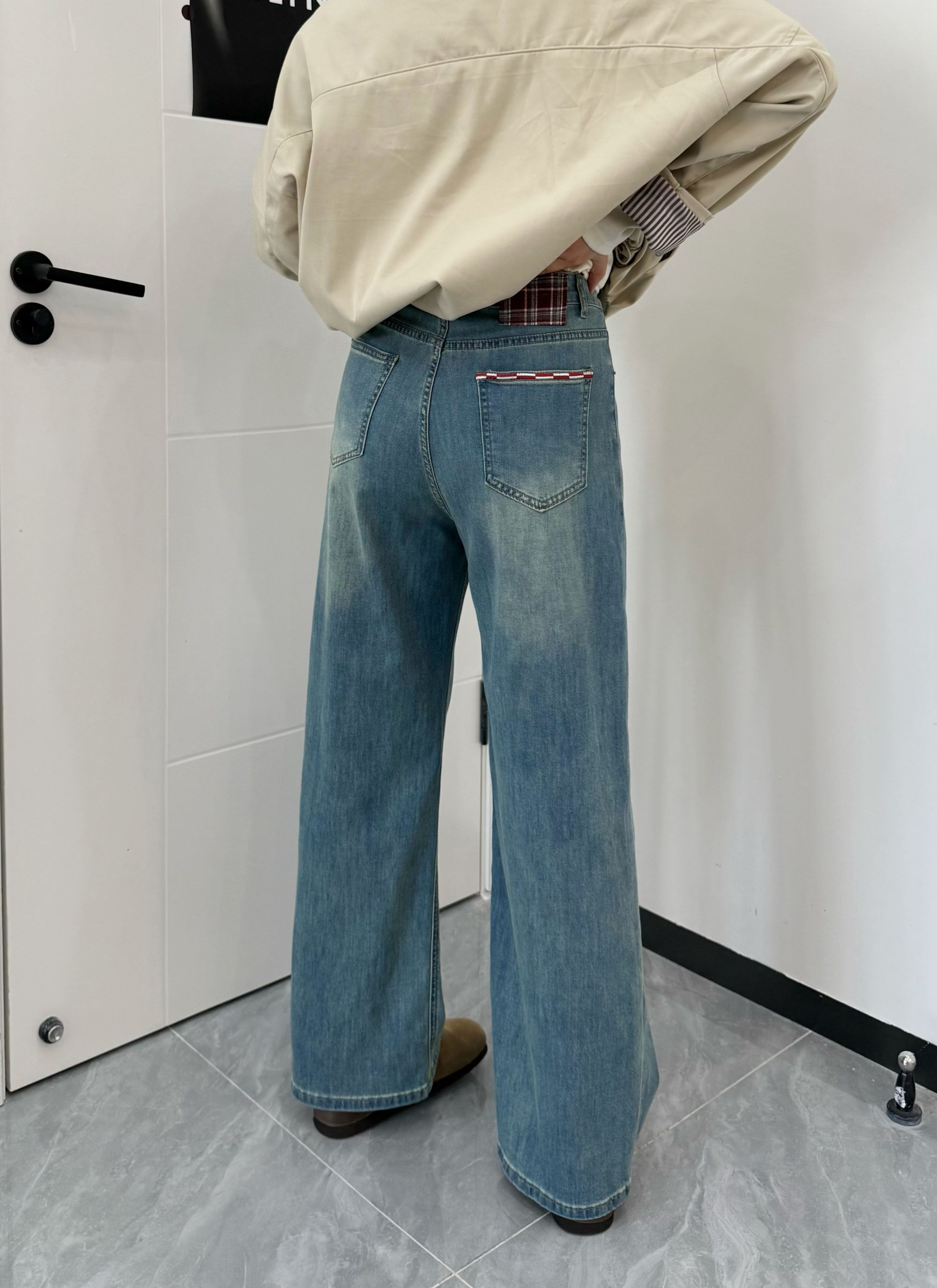 港风蓝色牛仔裤女款高腰显瘦大码秋季上新流光风松弛感阔腿裤子