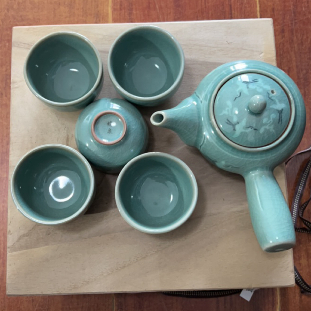 高丽青瓷一套，手工大号陶瓷茶道具家用，原木盒茶具中式高档蓝色