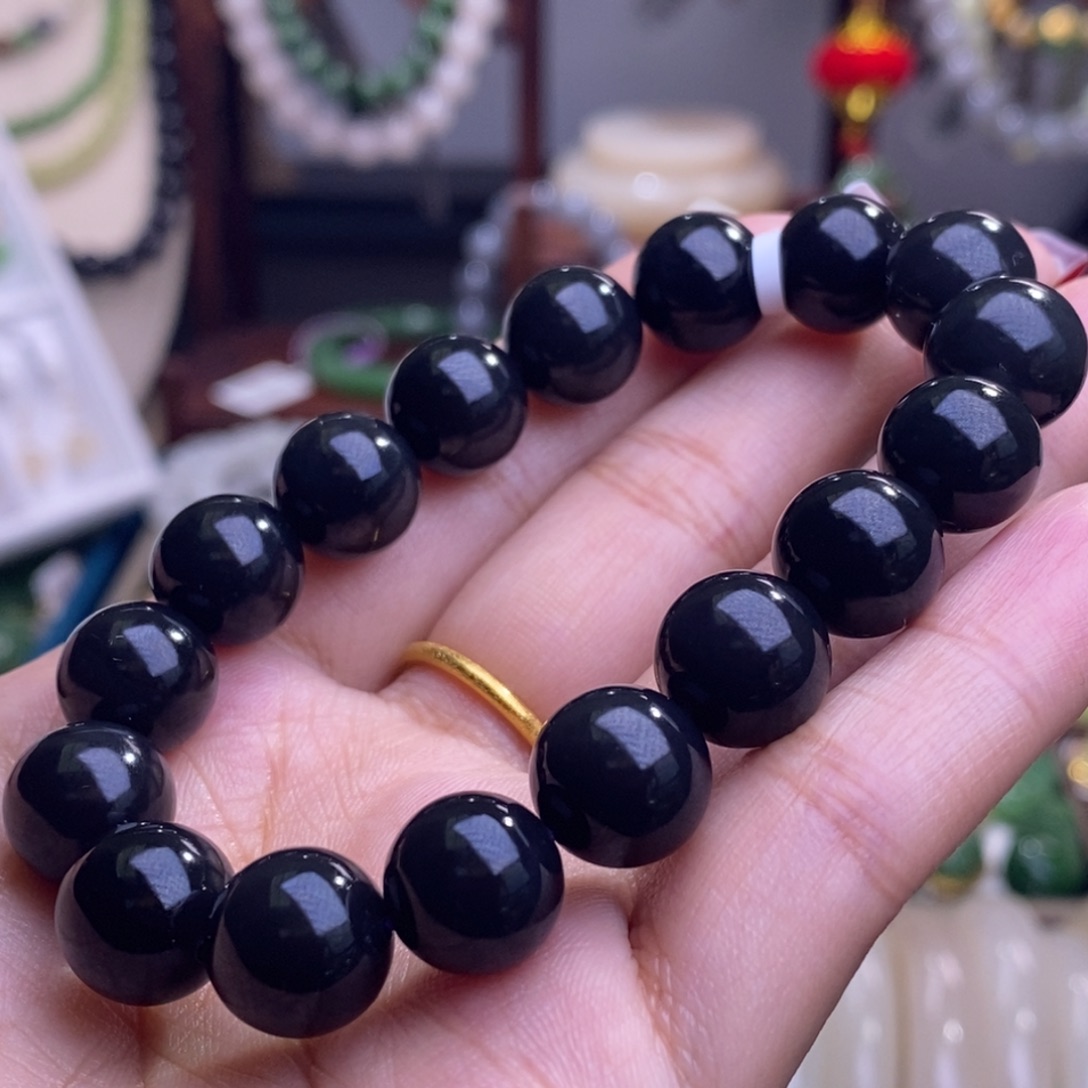 和田玉毕业级老矿料浓烟紫帝王紫手链12m未镶嵌