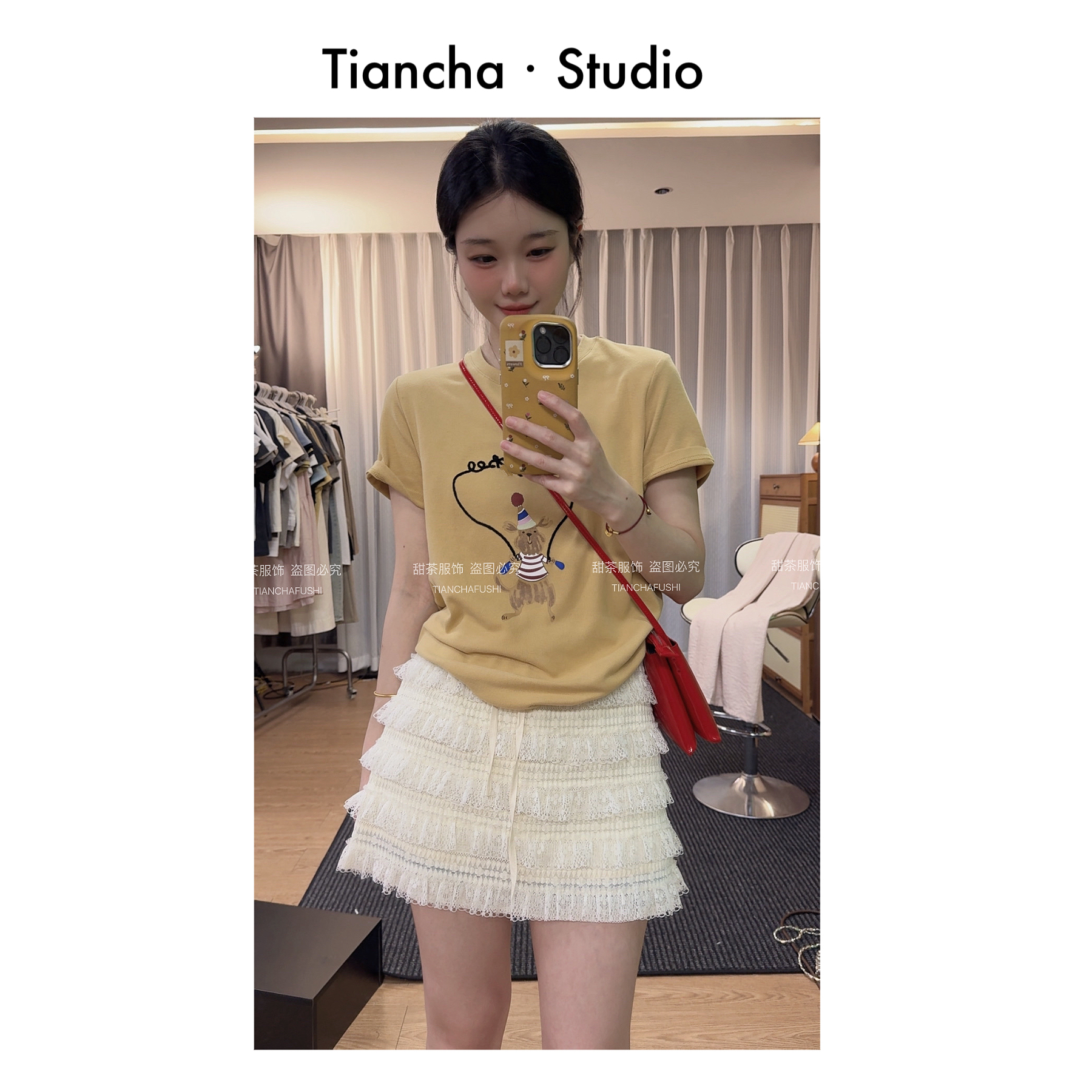 sweet c【跳绳小狗】M424#夏季新款T恤女正肩韩系刺绣气质百搭