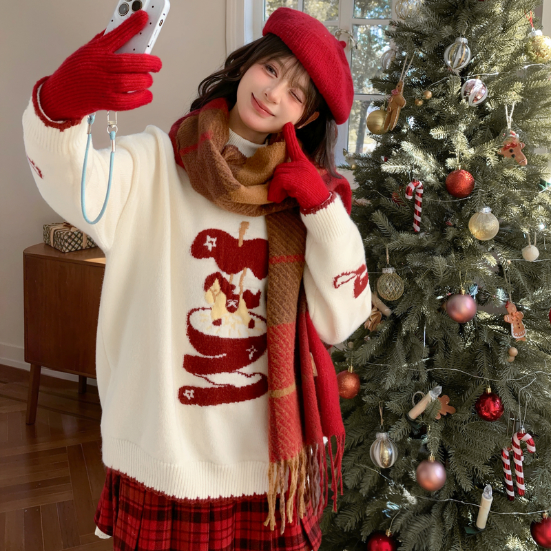 森女部落甜美风卡通苹果圆领毛衣女2025新款百搭撞色宽松针织衫冬