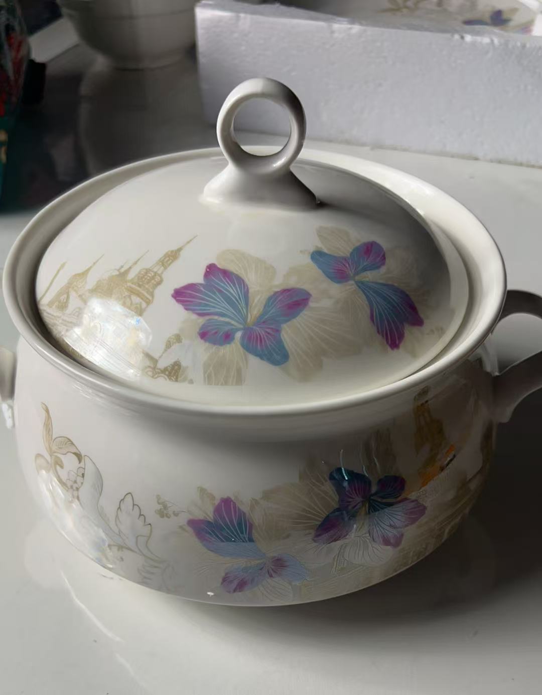 手绘家用带盖大号汤盆