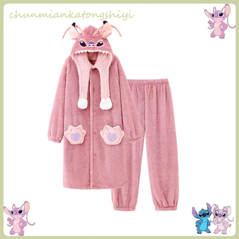 粉色史迪仔卡通情侣睡衣女冬季珊瑚绒长款套装家居服加绒加厚冬